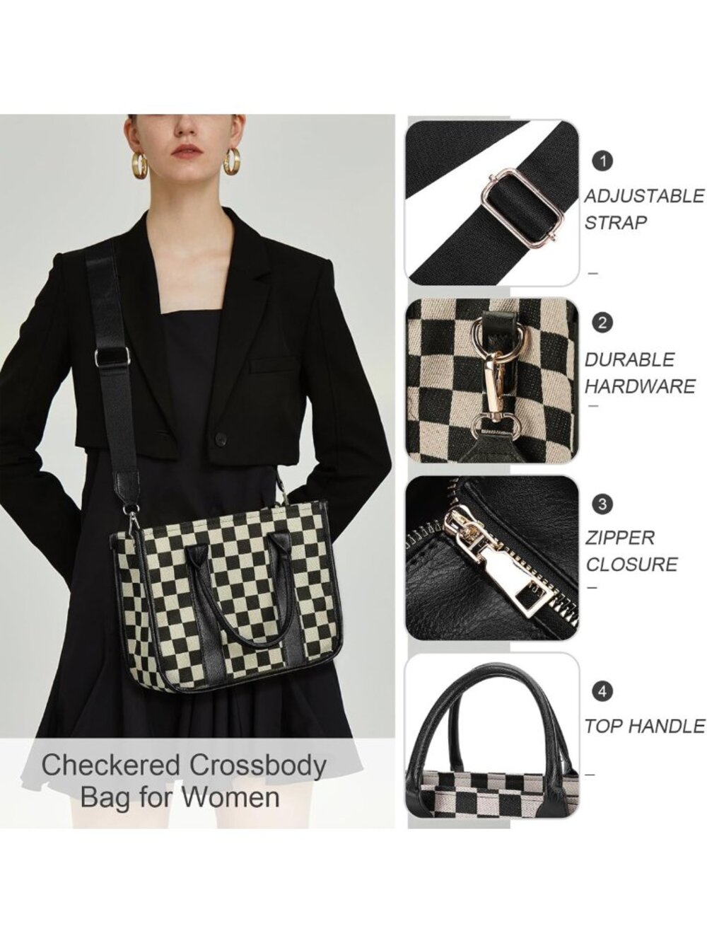 Chic Black and White Checkered Crossbody Tote Bag | Casual Purse for Work - Picture 4 of 8